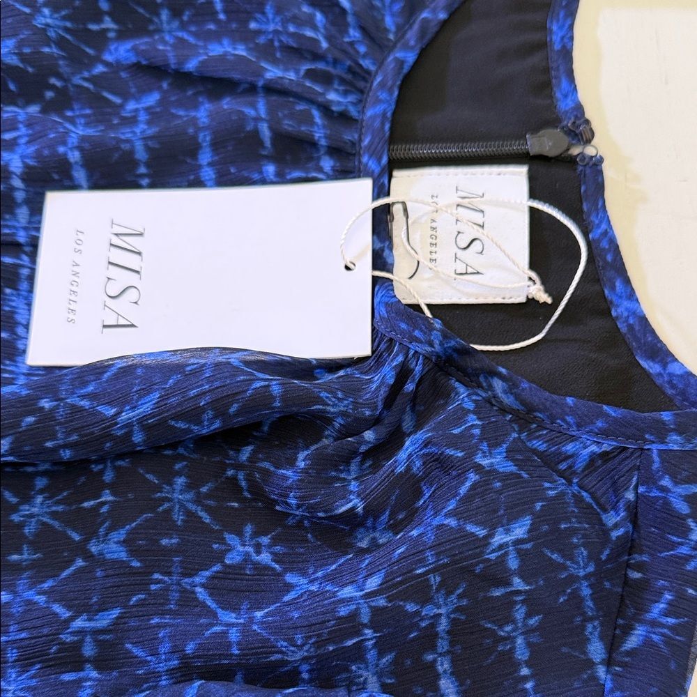 MISA Amber Mini Dress Midnight Mix Blue Sheer Sleeve Ruffle Size M $430 - Picture 6 of 11